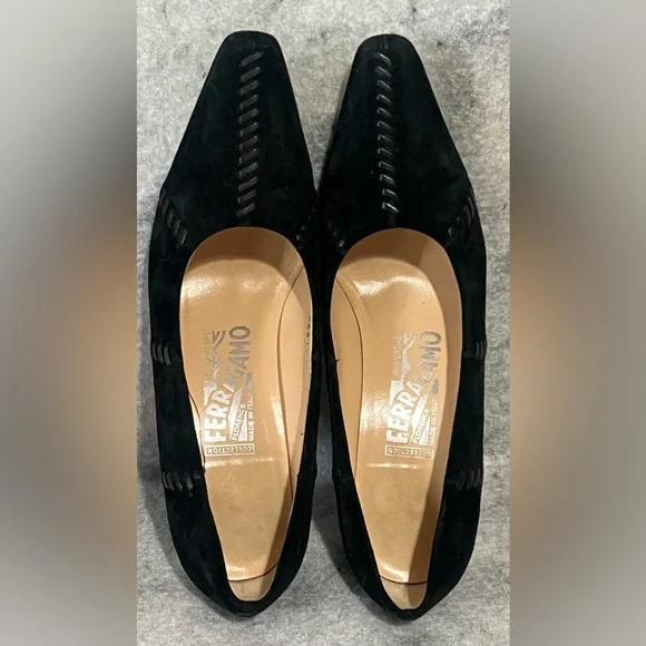 VTG*Salvatore Ferragamo Nero Suede/Leather Patchwork Pumps~7.5B~square toes - Picture 3 of 16